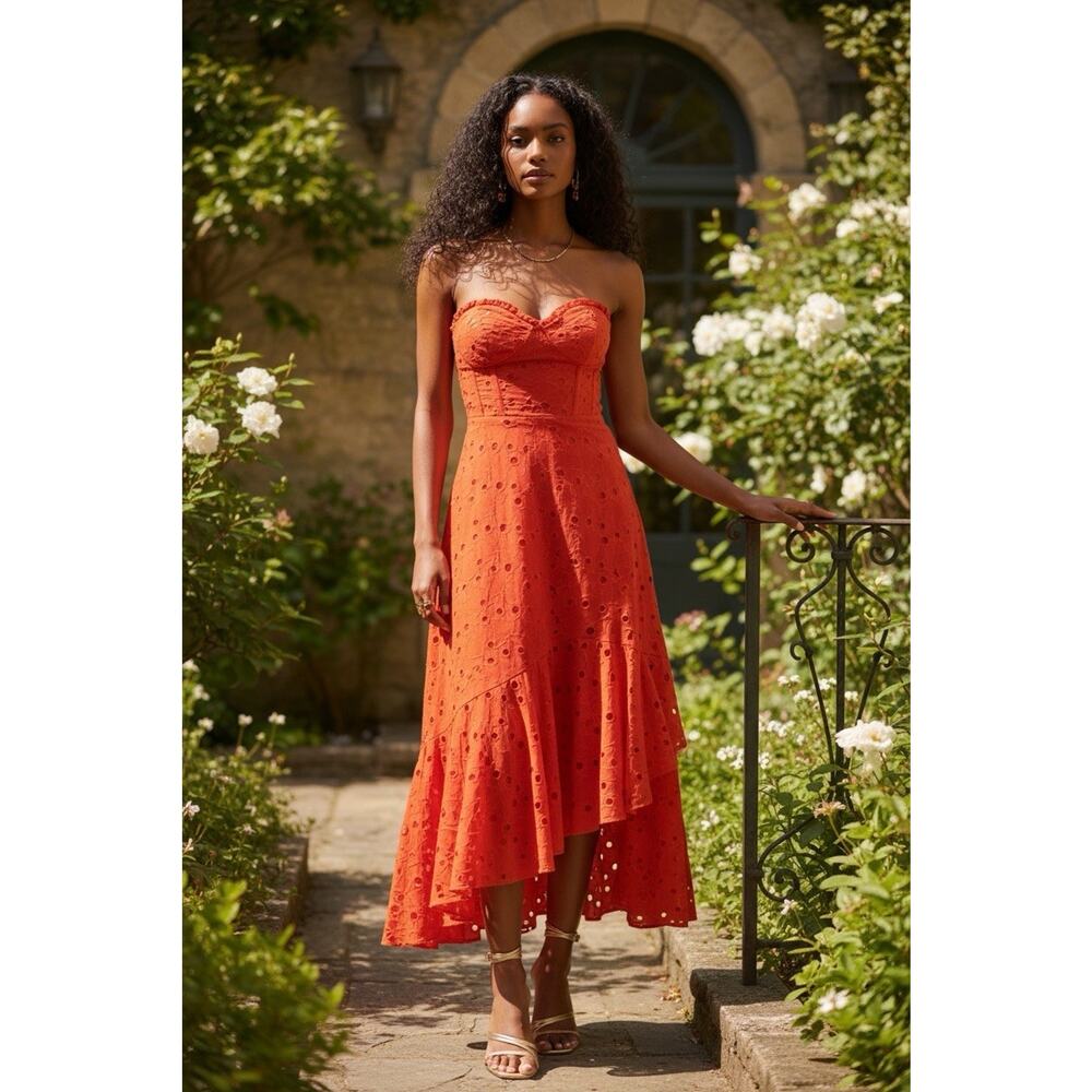 Astr Orange Strapless Eyelet Midi Dress - Picture 1 of 6